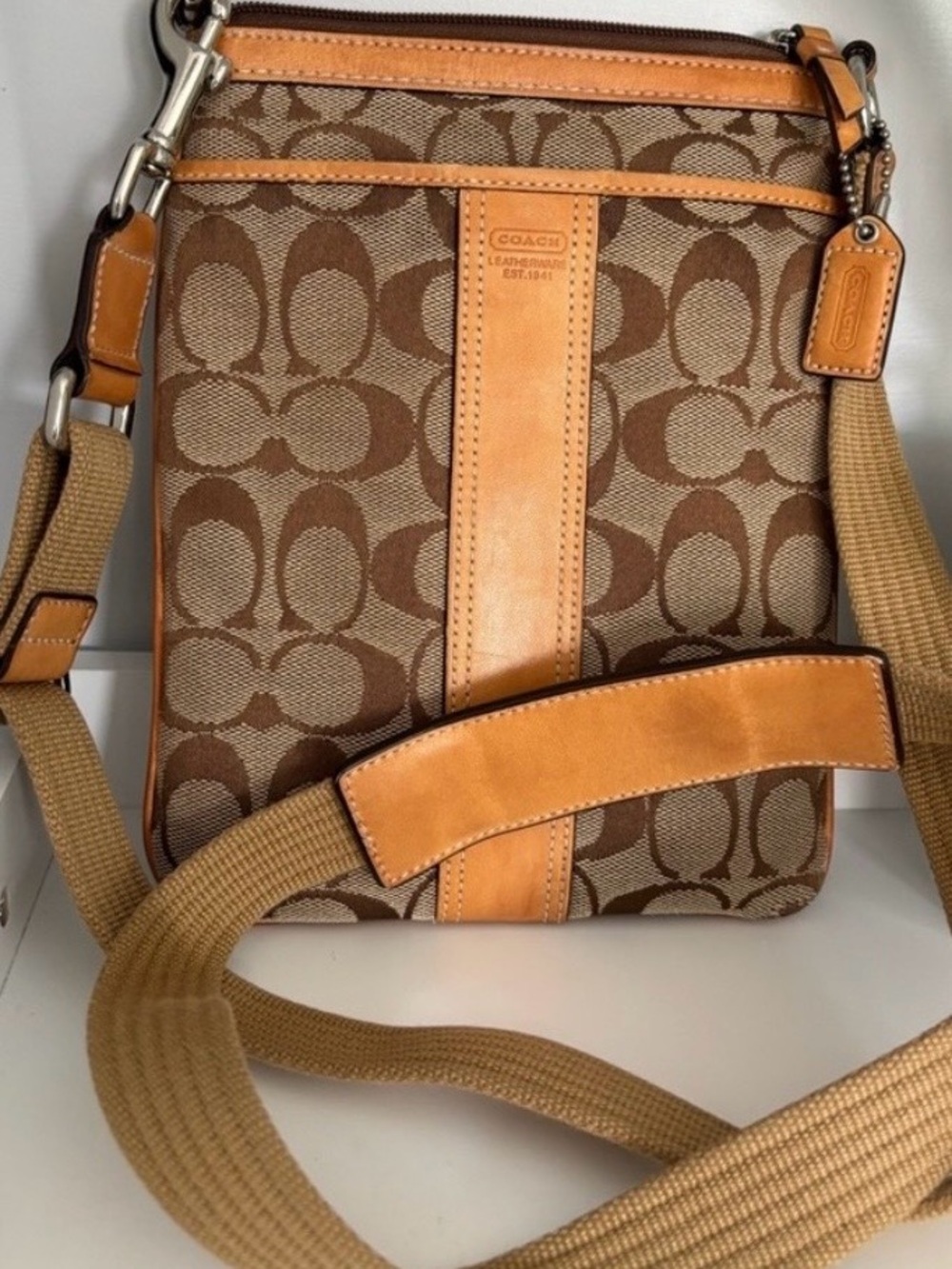 Coach Brown Signature Canvas Messenger with Tan Leather Trim
